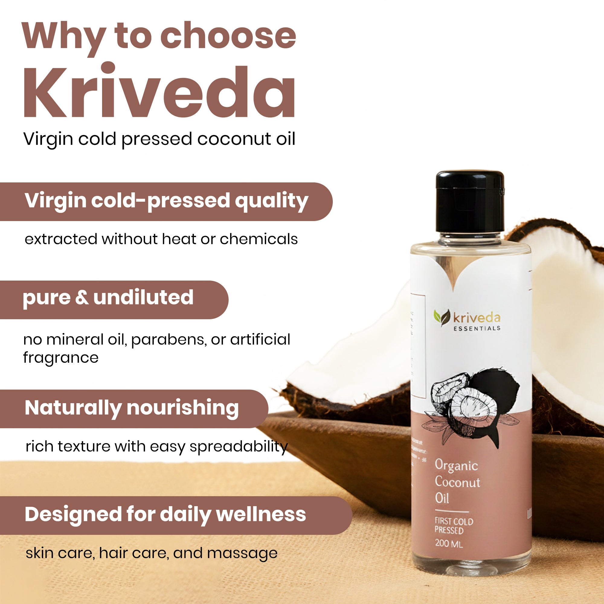 Kriveda Virgin Coconut Oil 200 ml | Cold Pressed | 100% Natural & Chemical Free | Pure Coconut Oil for Hair, Skin & Cooking