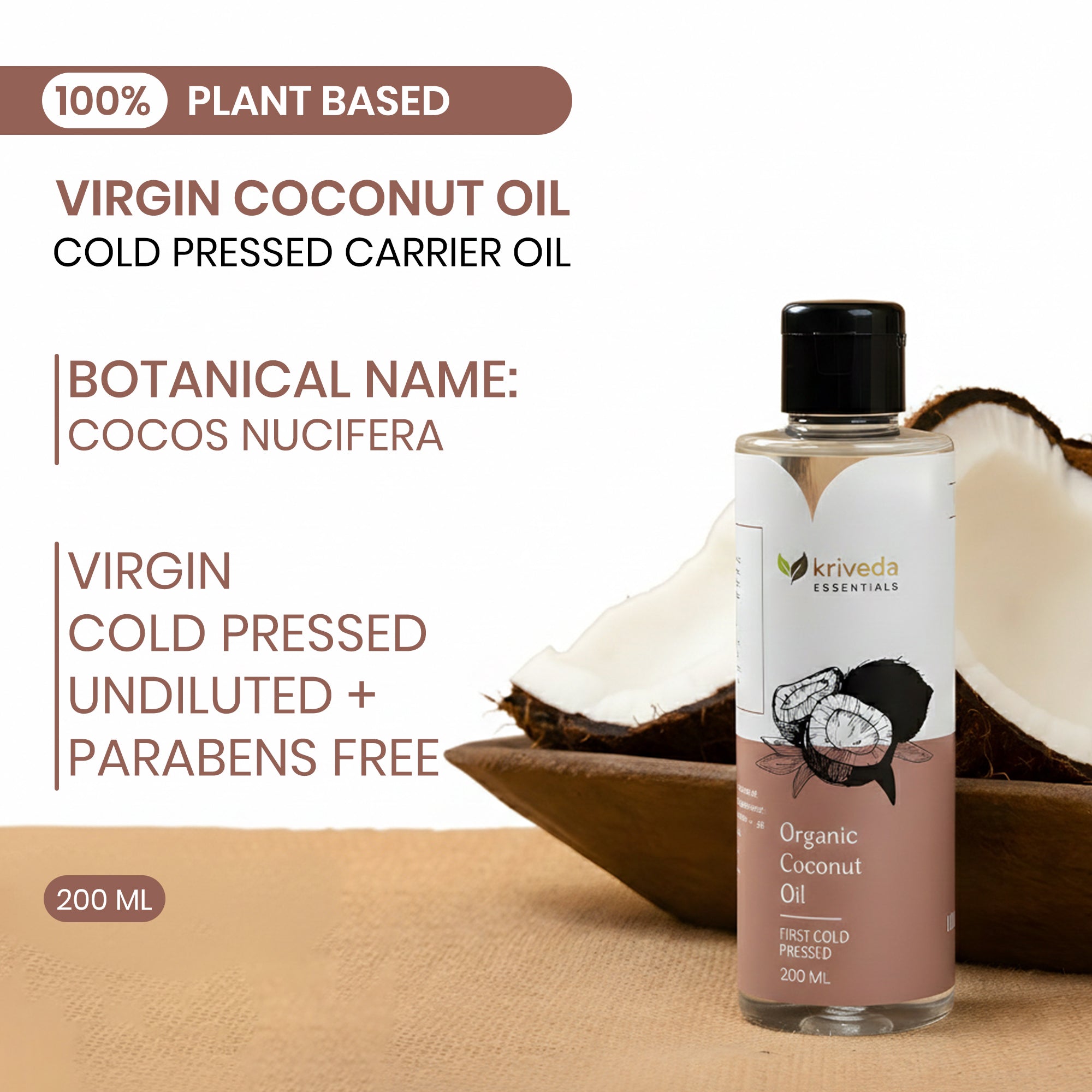 Kriveda Virgin Coconut Oil 200 ml | Cold Pressed | 100% Natural & Chemical Free | Pure Coconut Oil for Hair, Skin & Cooking