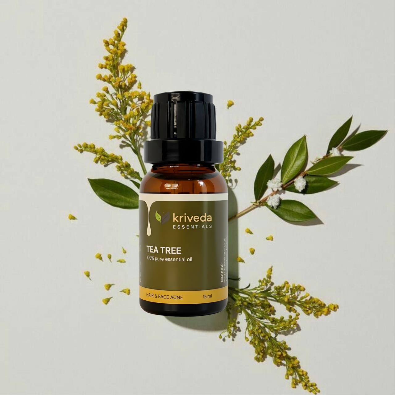 Kriveda Tea Tree Essential Oil 15 ml | 100% Pure & Natural | Steam Distilled | Chemical Free Tea Tree Oil for Aromatherapy, Skin & Hair Care