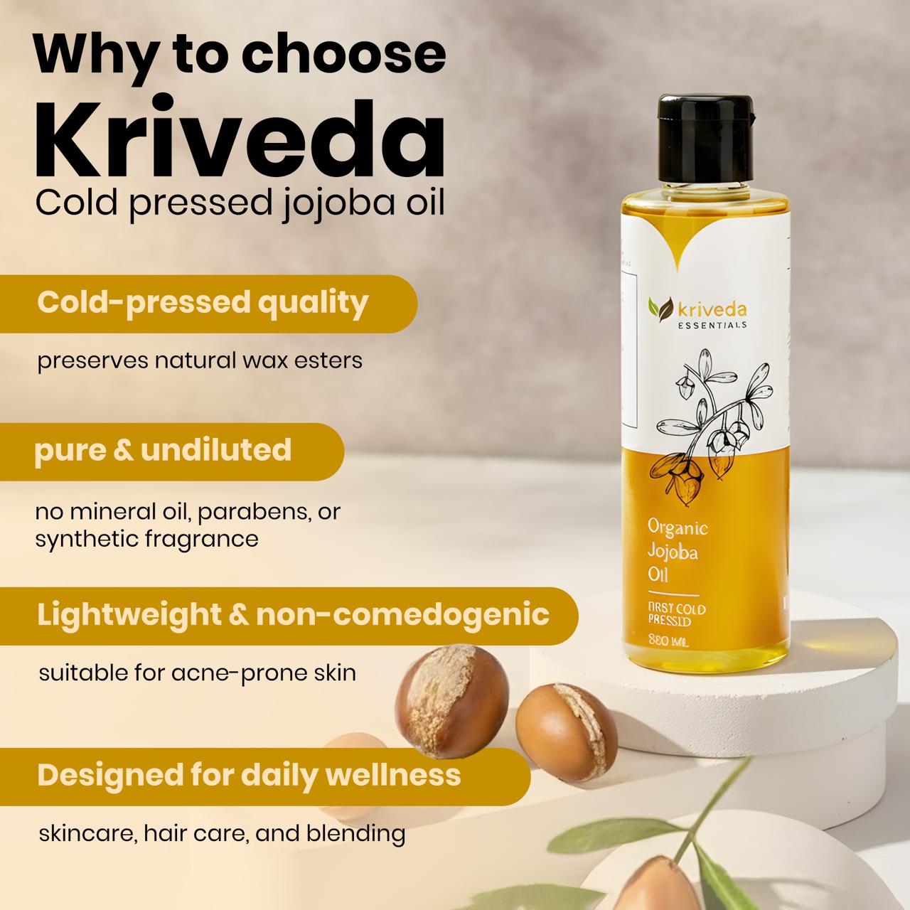 Kriveda Jojoba Oil 100 ml | Cold Pressed | 100% Natural & Chemical Free | Pure Jojoba Oil for Skin, Hair & Face Care